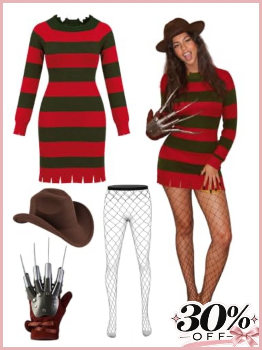 Women's Serial Killer Costume Set Fedora Claw Glove Fishnet Halloween